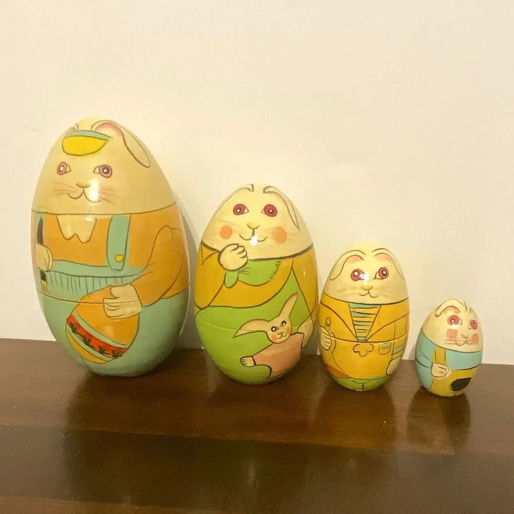 Vintage Easter Bunny Wooden Nesting Eggs 4 Pc Set Russian Matryoshka Doll Style